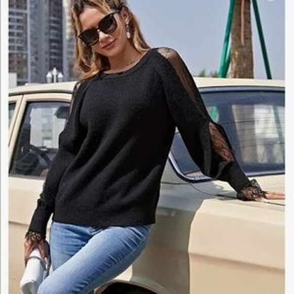 New Cold Shoulder Lace Patchwork Pullover Top - Picture 1 of 9